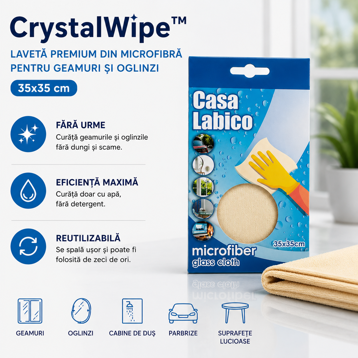 CrystalWipe™ – Lavetă Premium din Microfibră